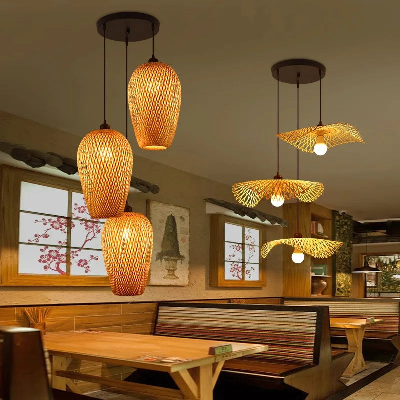 2026 Newest Bamboo Pendant Lamps Ceiling Lights Rattan Wicker Lustre Hand Knit Braiding Suspended Home Dining Braided Decor Hot