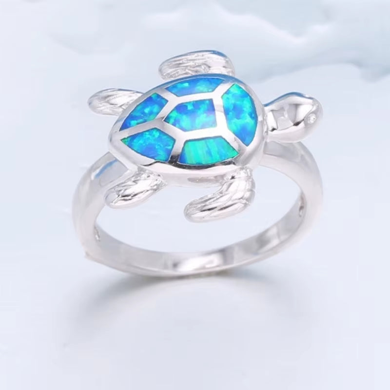 Cute Turtle Imitation Blue Fire Opal Animal Ring for Women Accessories Fashion Jewelry Lady Wedding Party Ring Girl Gift