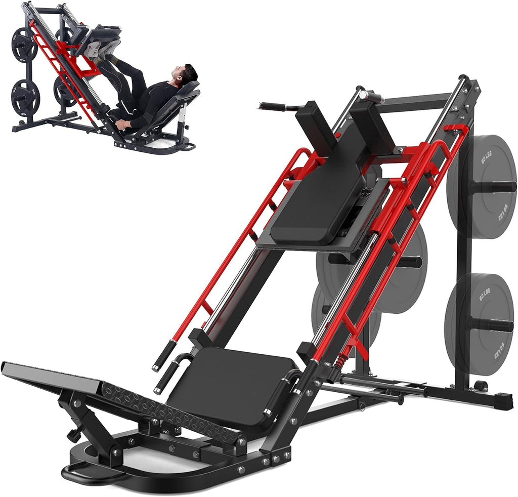 Leg Press Hack Squat Machine, 2 in 1 Leg Press Machine for Home Gym with Linear Bearing, Specialty Hack Squat Machine with Calf Block for Full Lower Body Workout, Red