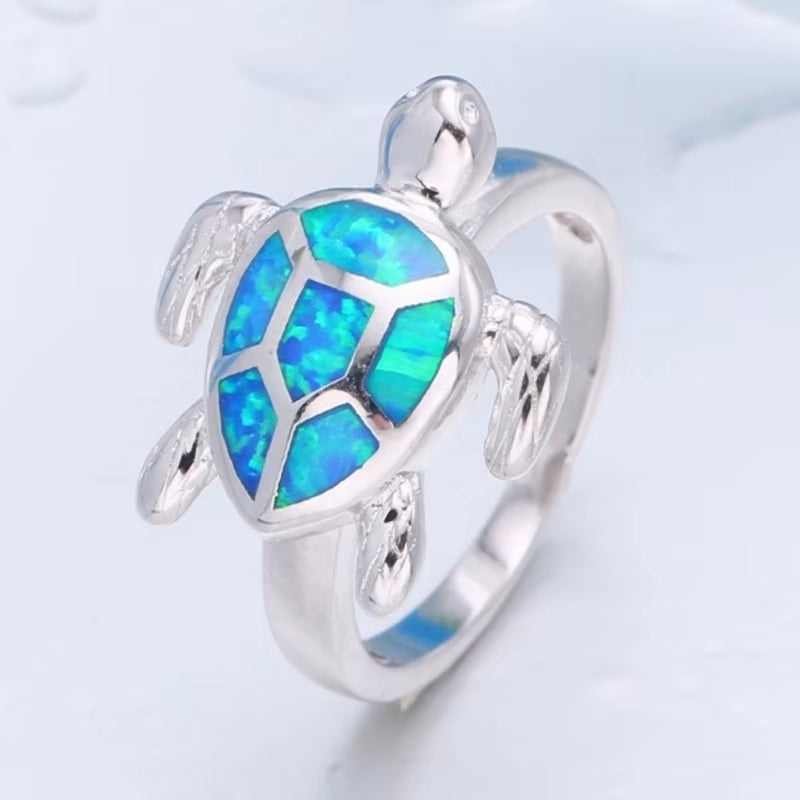 Cute Turtle Imitation Blue Fire Opal Animal Ring for Women Accessories Fashion Jewelry Lady Wedding Party Ring Girl Gift