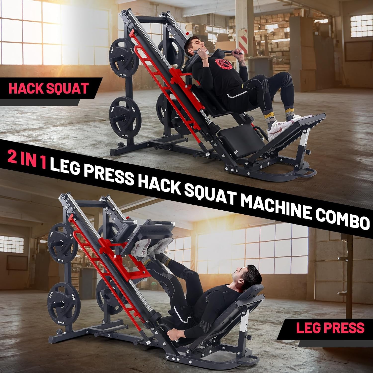 Leg Press Hack Squat Machine, 2 in 1 Leg Press Machine for Home Gym with Linear Bearing, Specialty Hack Squat Machine with Calf Block for Full Lower Body Workout, Red