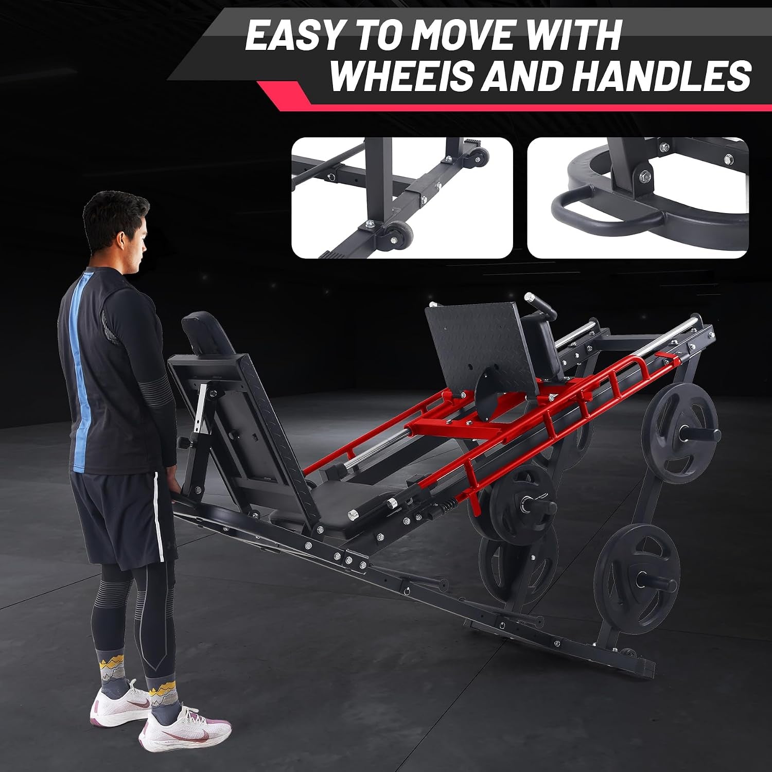 Leg Press Hack Squat Machine, 2 in 1 Leg Press Machine for Home Gym with Linear Bearing, Specialty Hack Squat Machine with Calf Block for Full Lower Body Workout, Red