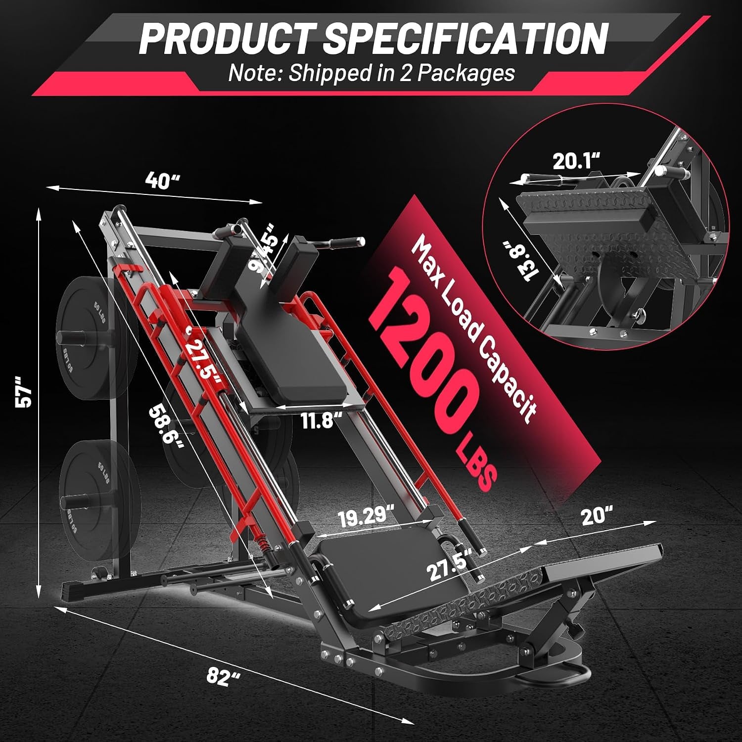 Leg Press Hack Squat Machine, 2 in 1 Leg Press Machine for Home Gym with Linear Bearing, Specialty Hack Squat Machine with Calf Block for Full Lower Body Workout, Red